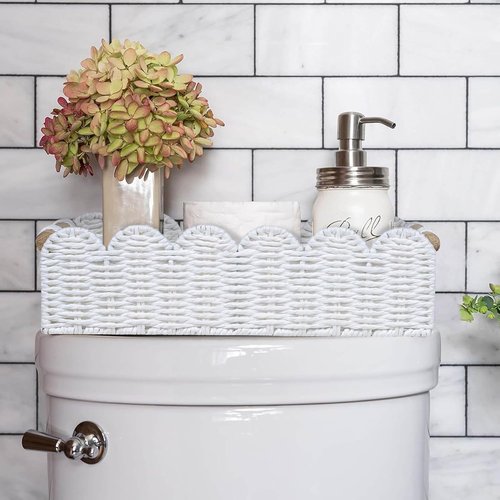 CubesLand Scalloped Edge Toilet Paper Storage Basket - Cozy Home Decor with 2 Wooden Handles | White