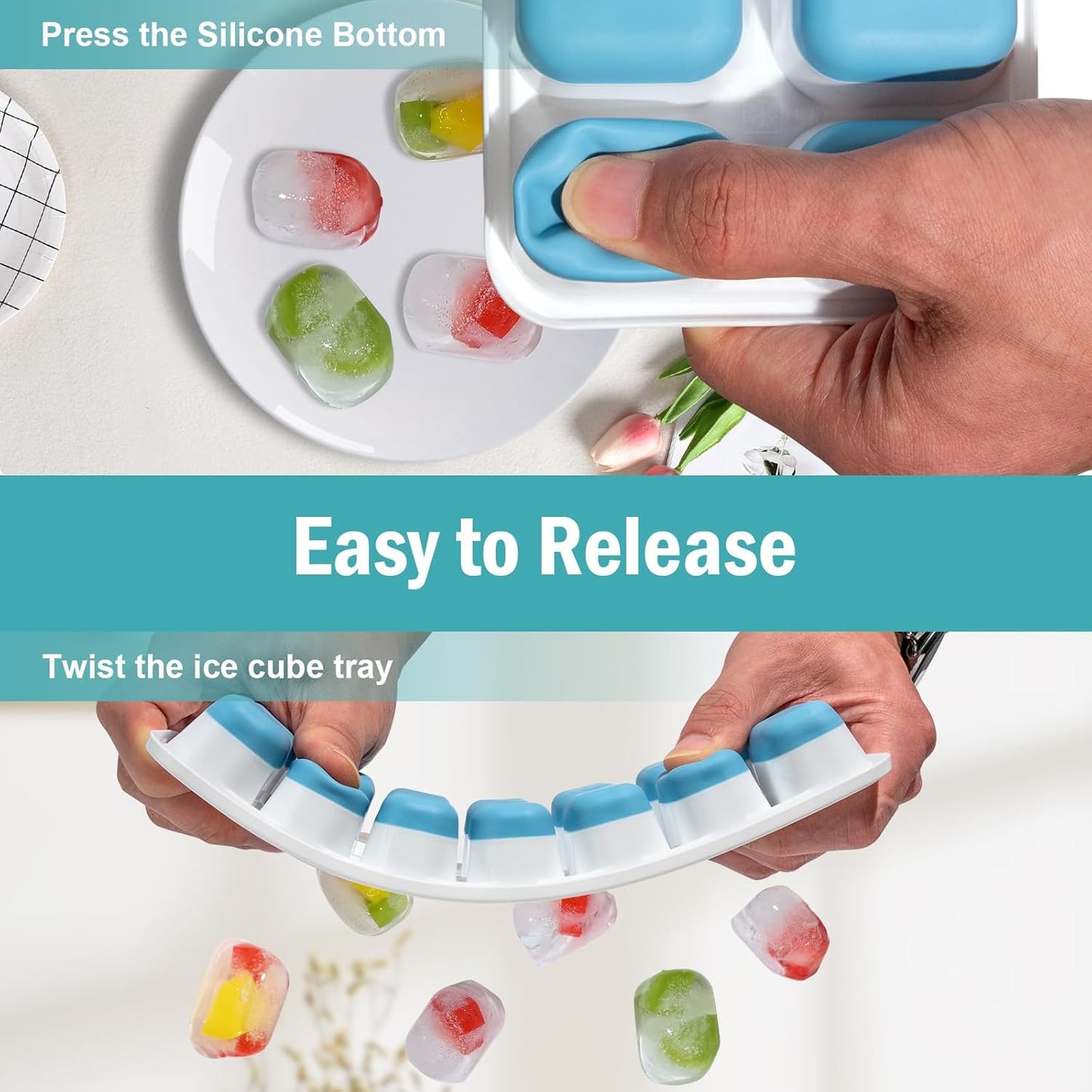 Skiennix Ice Cube Trays - Flexible Silicone Bottom for Easy Release | 3 Pack, Color-Coded (2 Green, 1 Blue)
