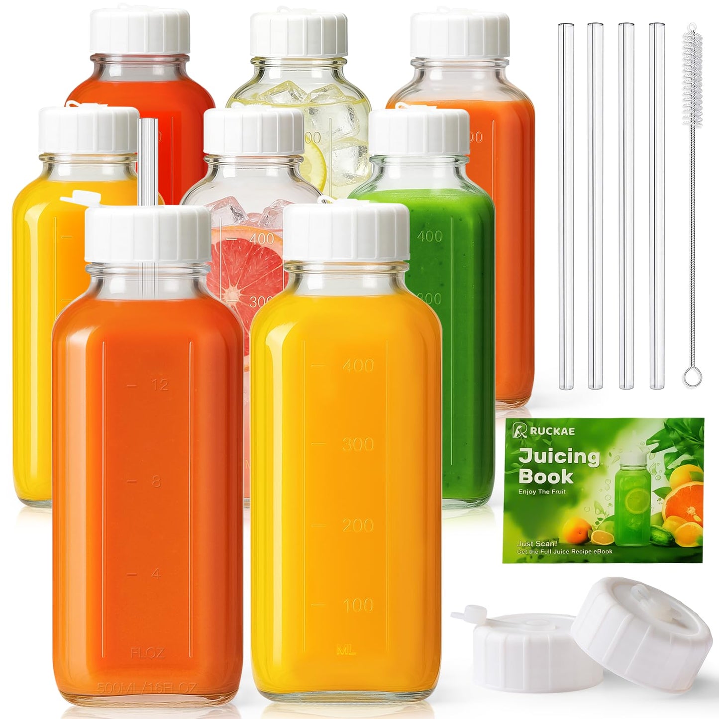 Ruckae 16oz 12 Pack Glass Juice Bottles with Hole Lids - Reusable Square Glass Juice Bottles with Leak-Proof Lid & Capacity Marks for Containers Juicing,Milk,Smoothies