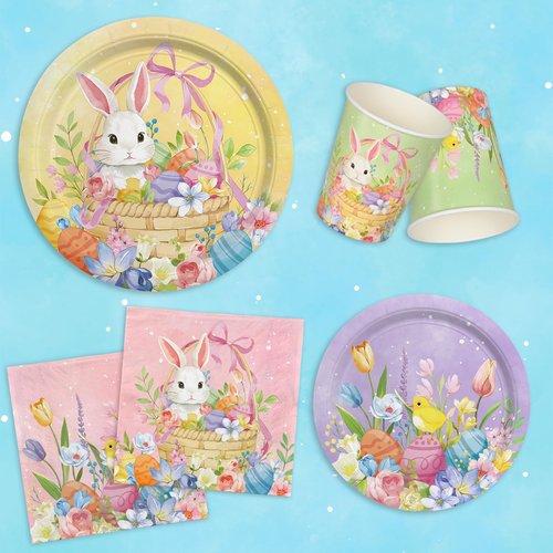 Gatherfun Happy Easter Supplies Kit for 25 Guests - Easter Bunny Decorations, Includes Dinner & Dessert Plates, Napkins, Cups, Banner and Tablecloth in Pink, Purple