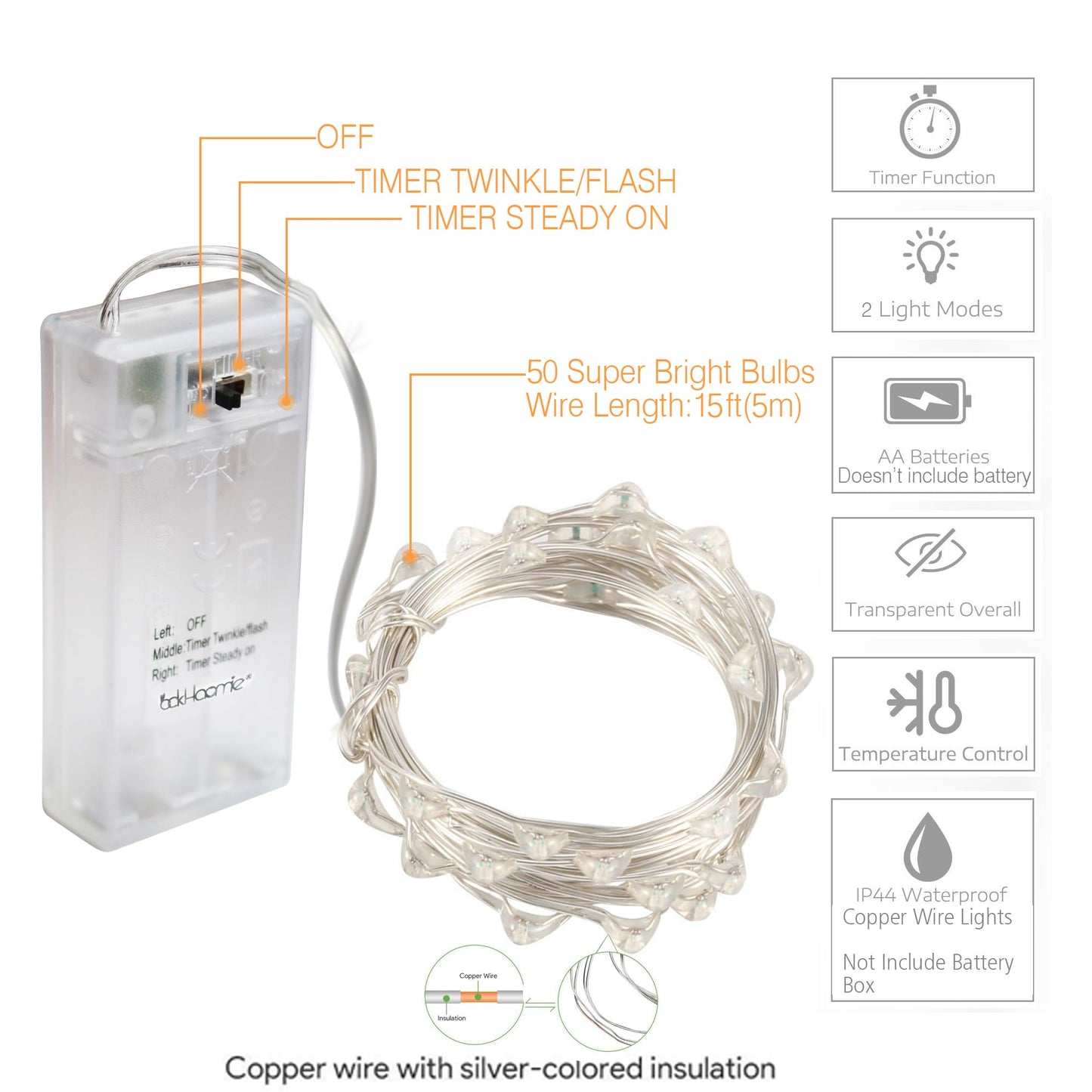 Oakhaomie 2PCS LED Fairy Lights 16ft 50 LED Twinkle String Lights with Timer 2 Modes Waterproof Starry String Lights Indoor DIY Party Wedding Christmas Valentine's Day Decoration (Cool White)
