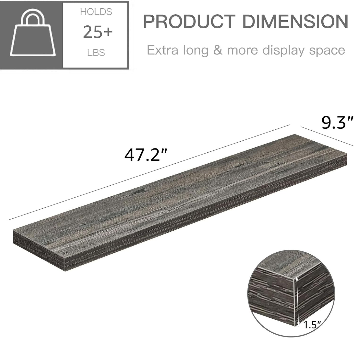 QEEIG Floating Shelves - Extra Long Wall Mounted Shelf for Home Decor | Set of 2, 47.2" x 9.3", Grey