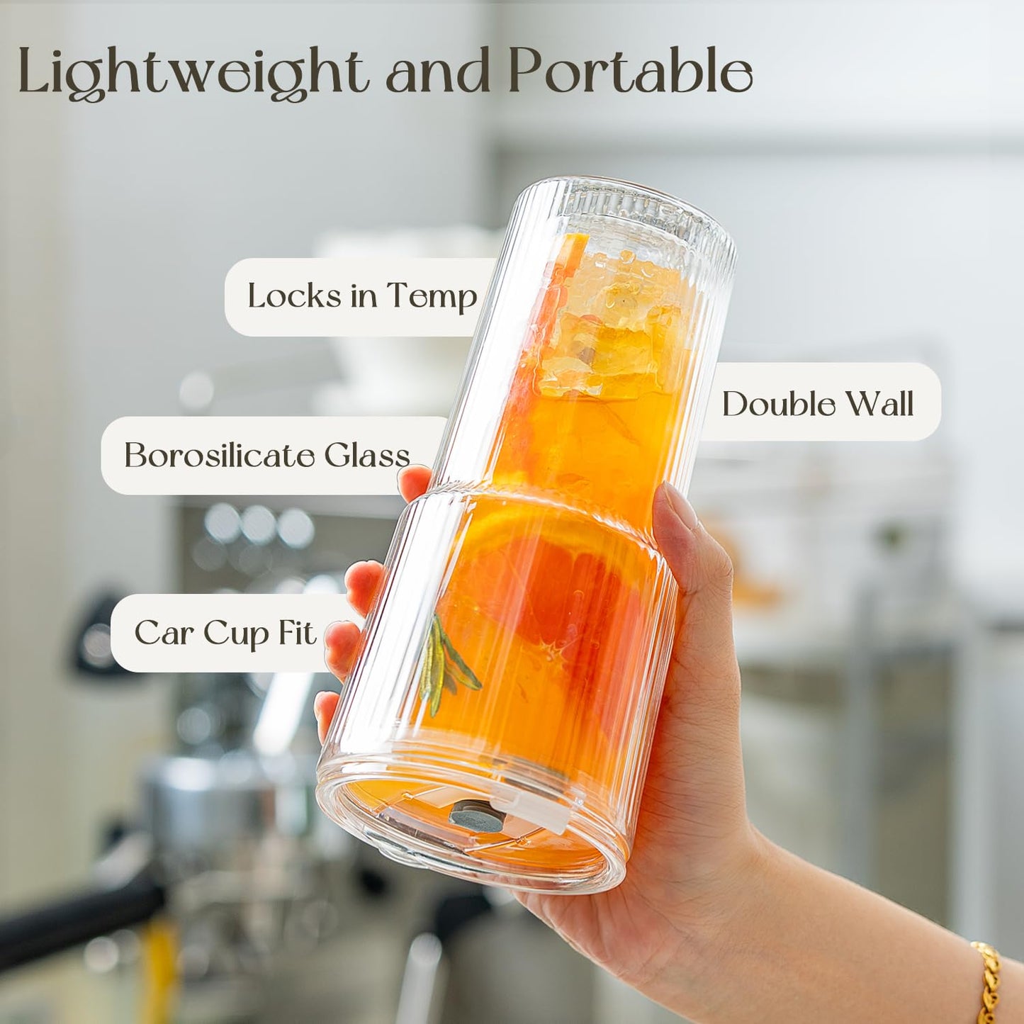 KEMORELA Iced Coffee Cups with Lids 20oz Ribbed Double Wall Glass Cups with Lids and Straws 2PCS, Coffee Bar Accessories， Insulated Borosilicate Glass Tumblers, To Go Coffee Cups, Spill proof tumbler