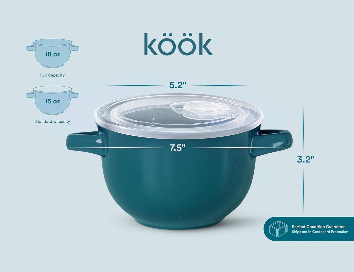 KooK French Onion Soup Bowls - Oven Safe Ceramic Crocks | Set of 4, 18 oz, Teal Color