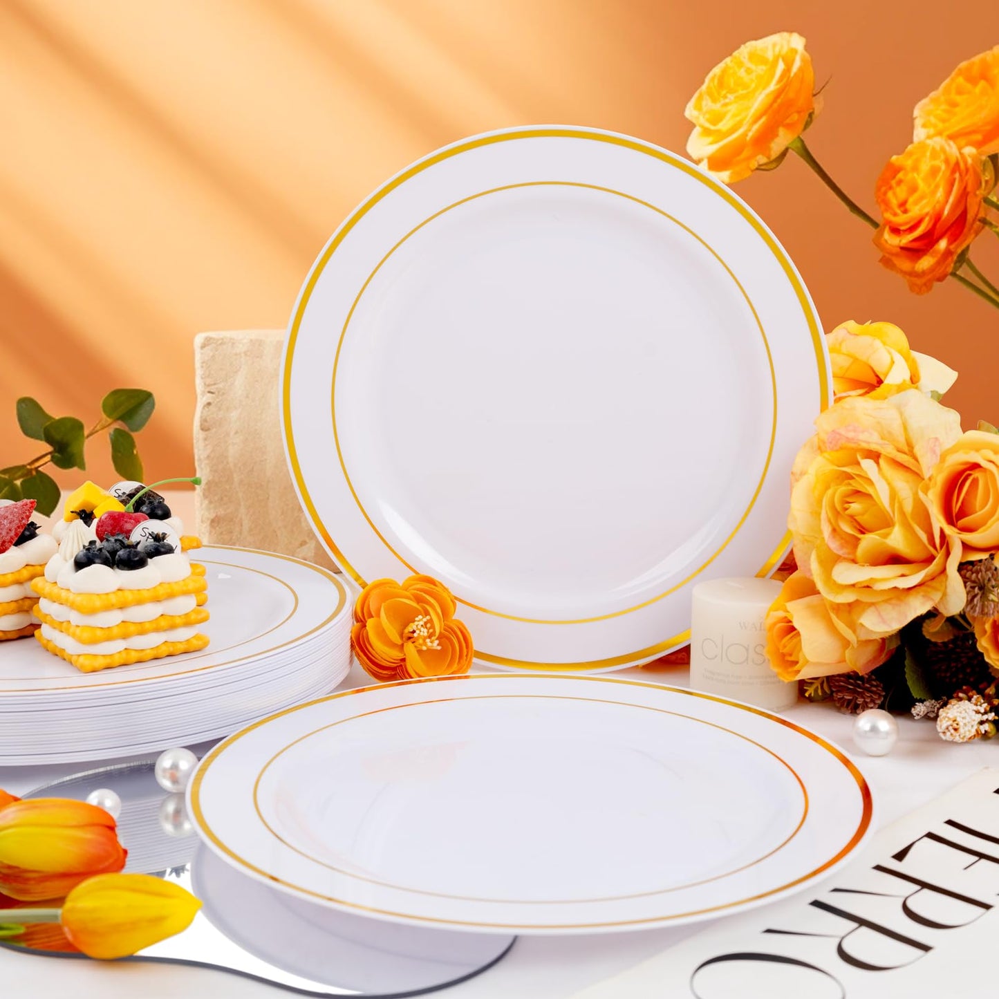 bUCLA 30PCS White and Gold Plastic Dinner Plates Disposable - 10.25inch Premium White Gold Rim Plates, Ideal for Wedding & Party