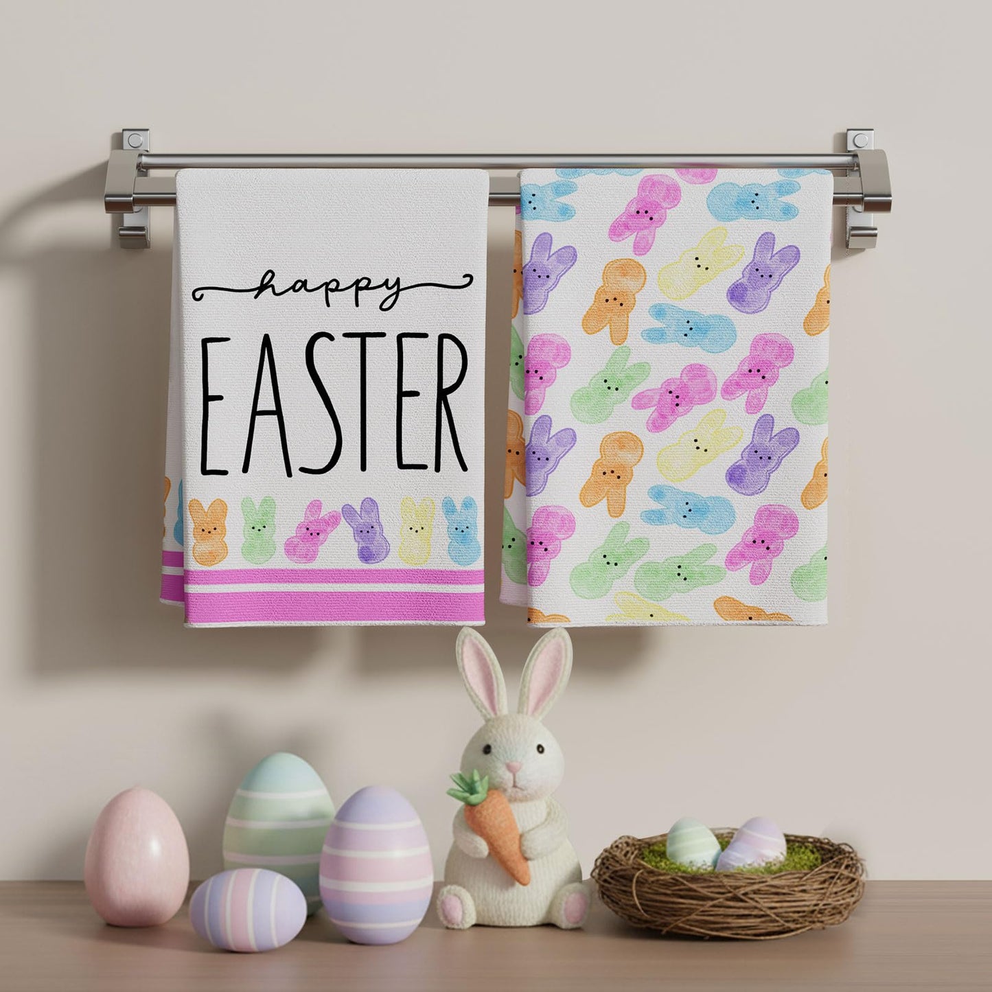 XCHI Happy Easter Colorful Cute Bunny Rabbits Easter Kitchen Towels Dish Towels 18x26 Inch Home Decorations Hand Towels Set of 2 Drying Dishcloth