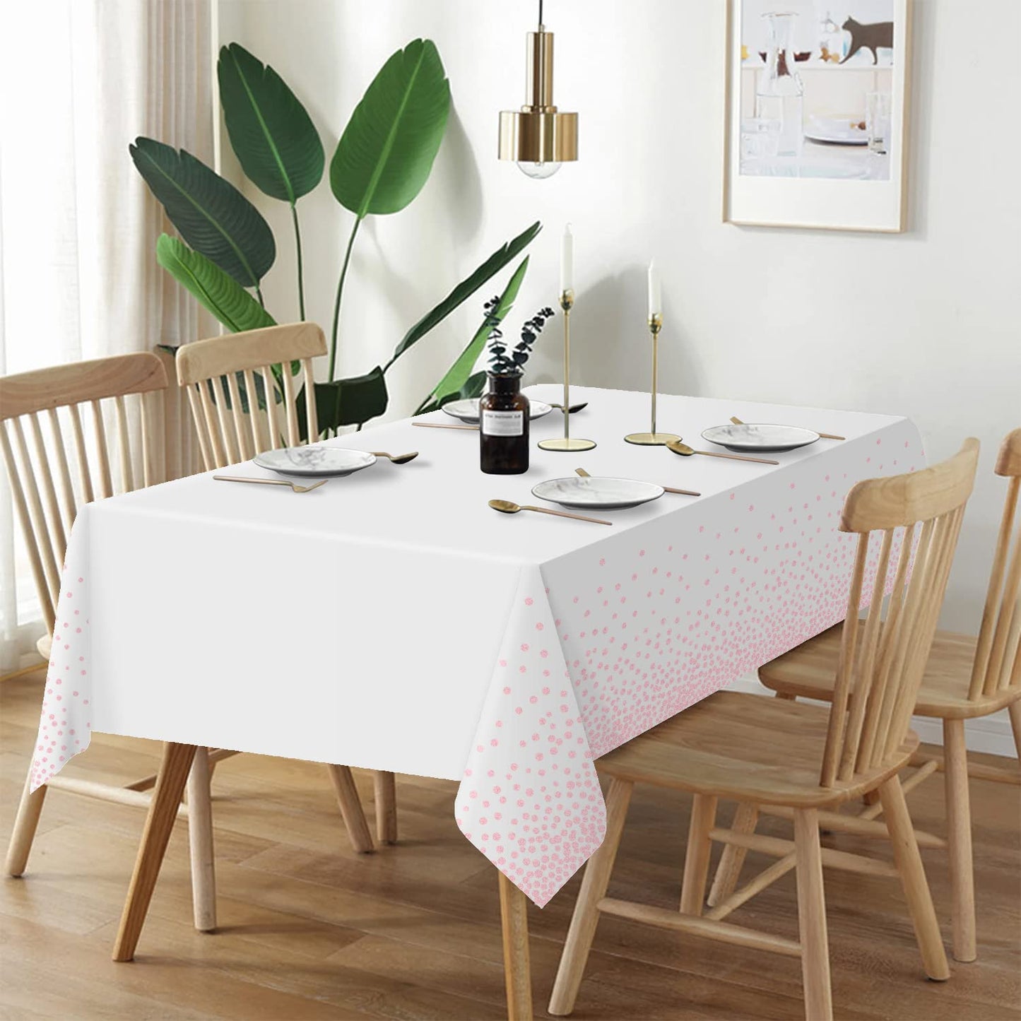 QIKSION 6 Pack White and Pink Dot Plastic Tablecloth, Waterproof Disposable Party Table Cloths for Baby Shower, Wedding, Anniversary, Birthday Party(54 × 108 Inch)