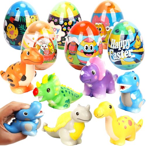 BEIGUO 6 Pack Jumbo Easter Eggs Filled with Dinosaur Slow Rising Squeeze Toys for Kids Boys Girls,Easter Basket Stuffers,Party Favors,Egg Hunts