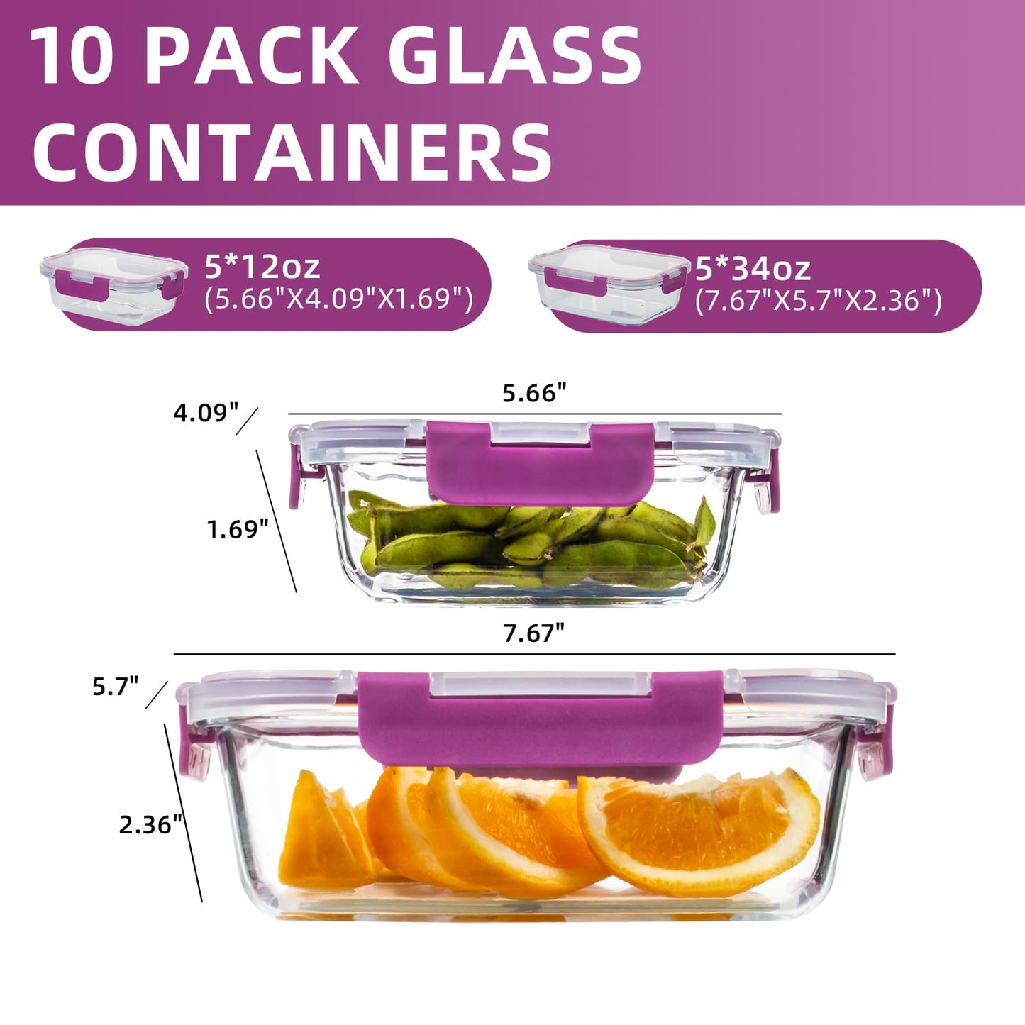 UMEIED 10 Pack Glass Food Storage Containers with Lids, Leakproof Airtight Glass Meal Prep Containers For Lunch, On The Go, Leftover, Dishwasher Safe
