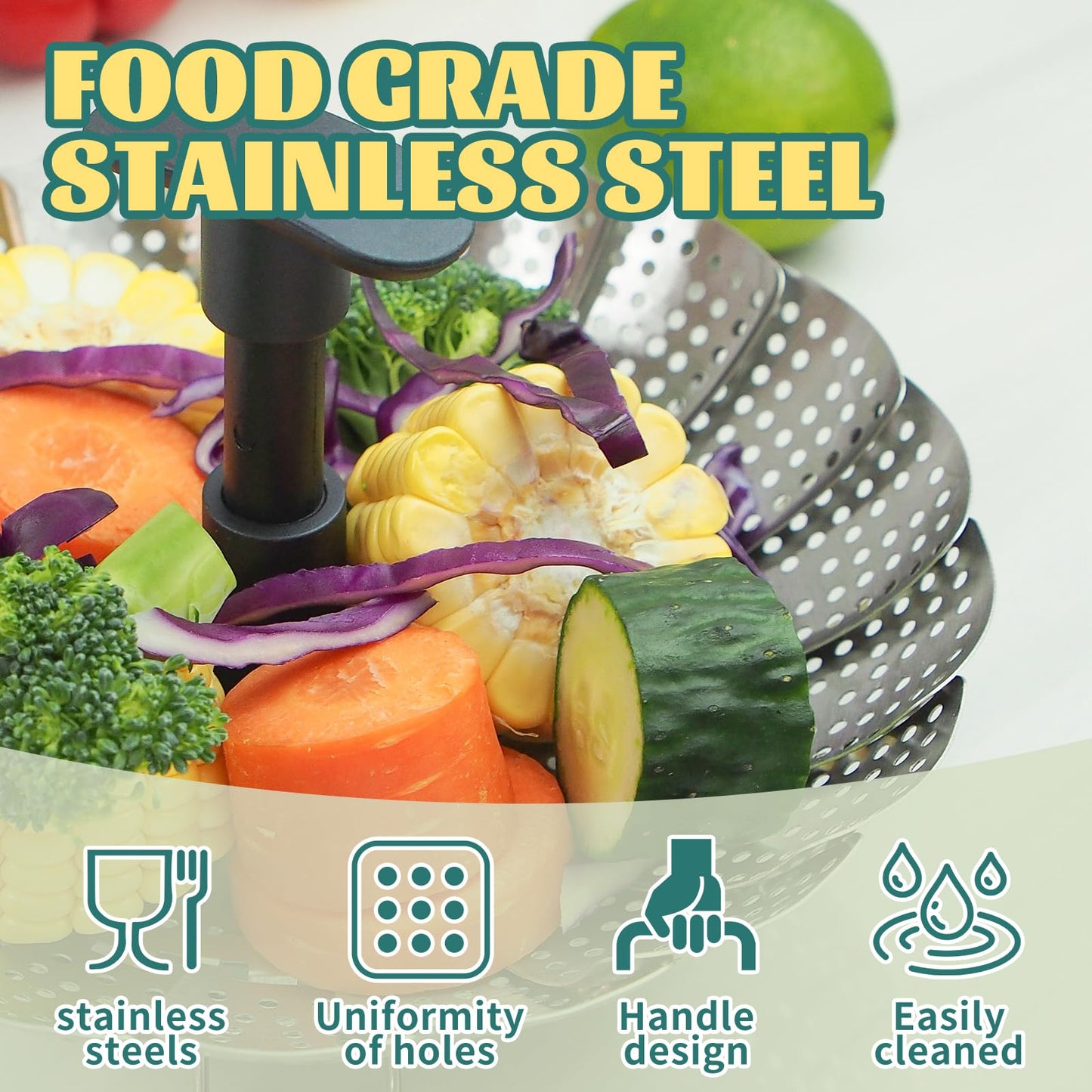AGIgear Vegetable Steamer Basket,Stainless Steel Steamer Basket,Folding Expandable Steaming Vegetable/Fish/Seafood Steaming Pot Insert Fits Various Size Pot(6.5"to11") (Black11)
