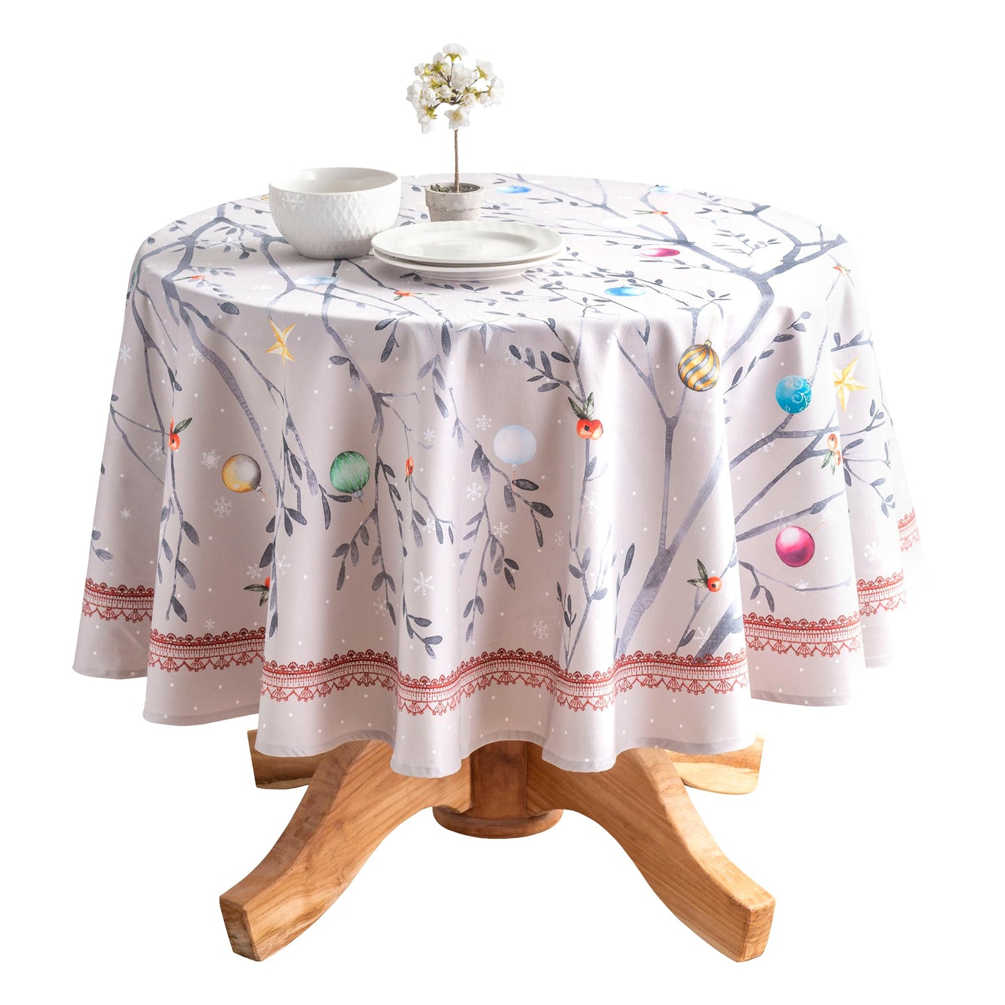 Maison d' Hermine Table Cloth Round Table 100% Cotton 63 Inches Fall Tablecloth Reusable Everyday Use for Thanksgiving Christmas Decorations Dining Farmhouse Party (Fairy Christmas)