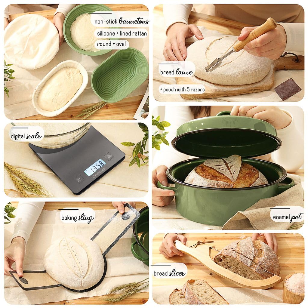 CraftZee All-Inclusive 𝗣𝗥𝗘𝗠𝗜𝗨𝗠 Sourdough Starter Kit with Pot, 34 Oz Starter Jar, 4 Banneton Bread Proofing Baskets, Scraper, Scale, Sourdough Bread Baking Supplies, Beginner Guide & Recipes