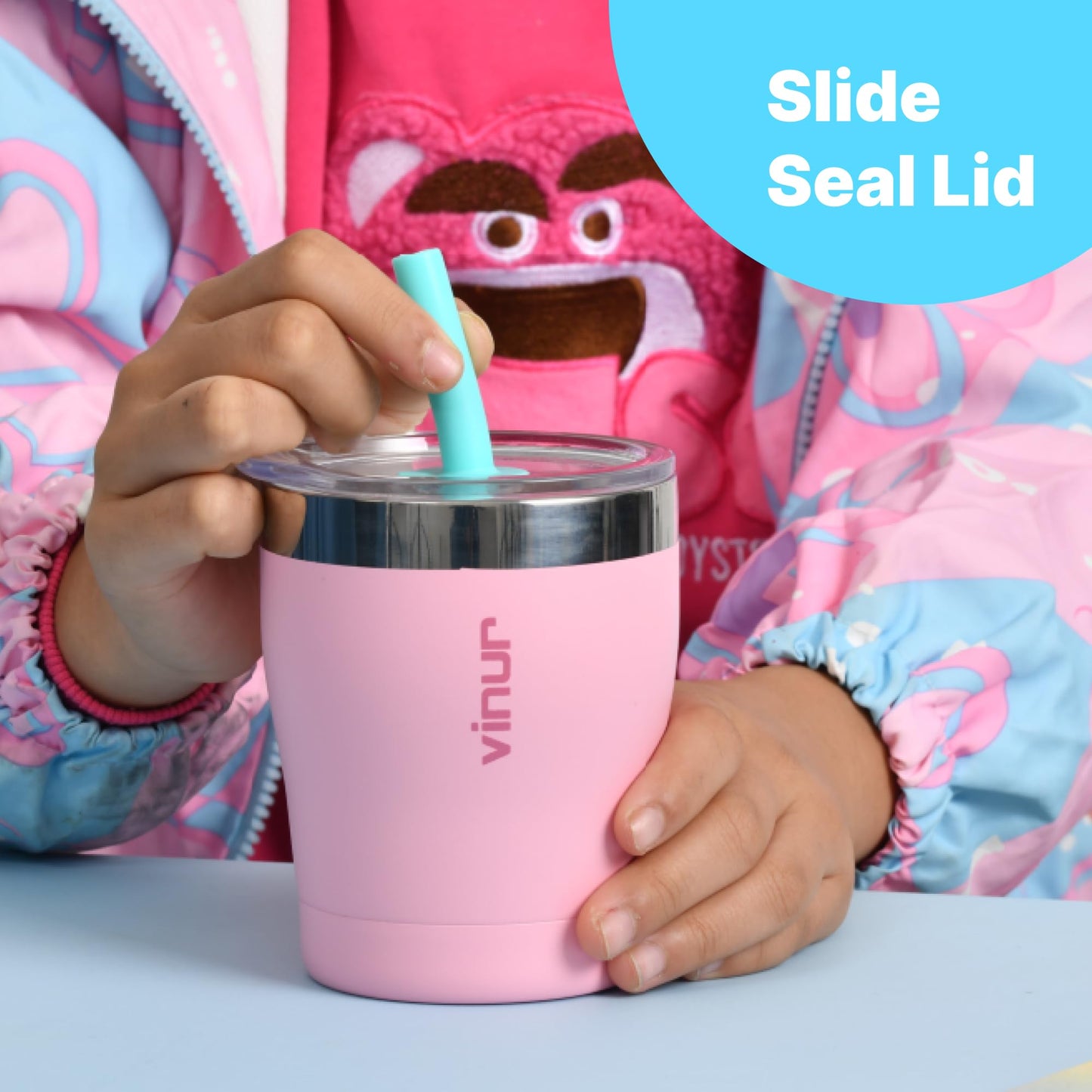 VINUR Kids 9 oz Tumbler with Lid and Straw|18/8 Stainless Steel Insulated Drinking Cup with Silicone Base|Spill Resistant|Gift for Girls and Boys, Sky Blue