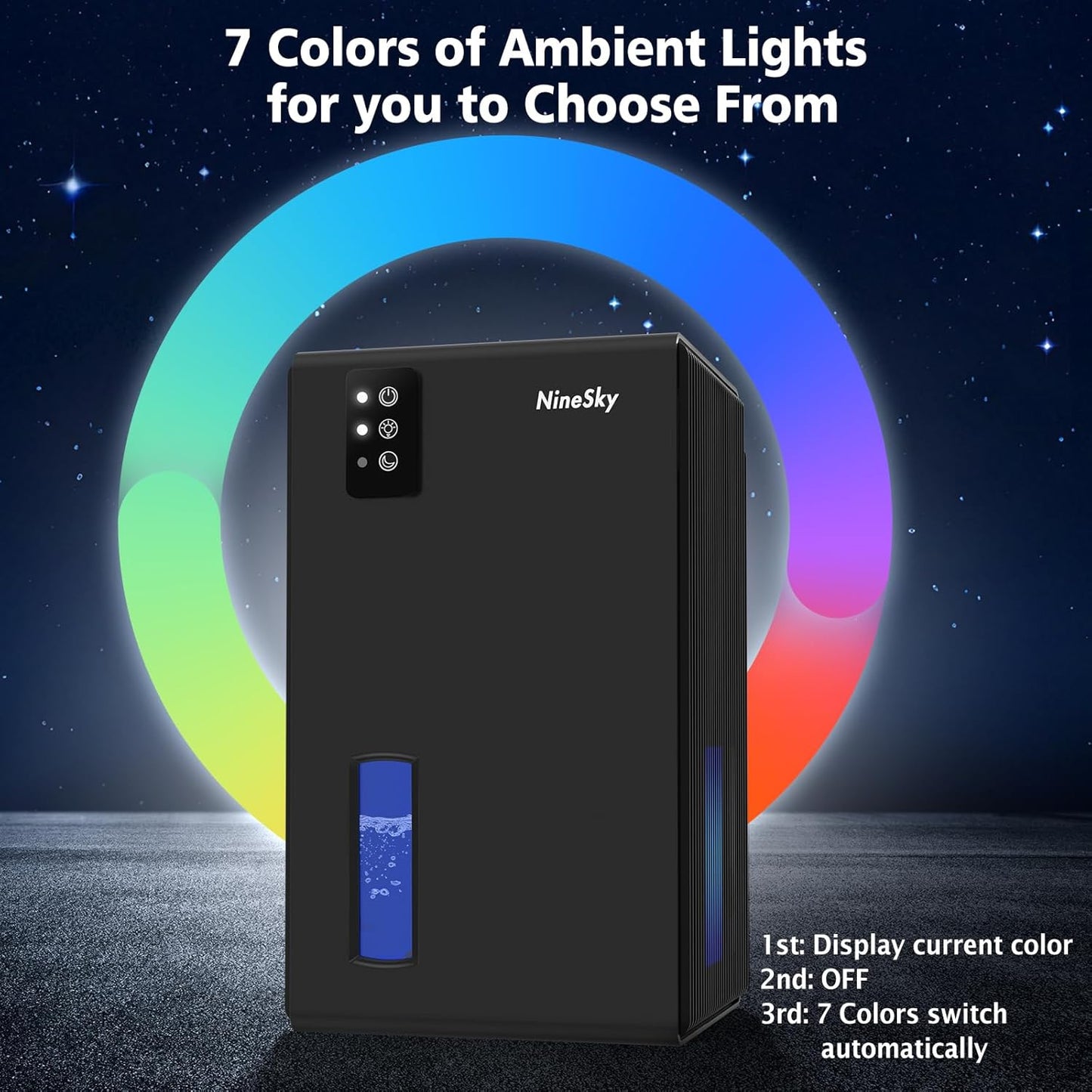 NineSky Dehumidifier - 1000 Sq.Ft. Capacity | Quiet Operation, 95Oz Tank & 7-Color Ambient Light (Black)