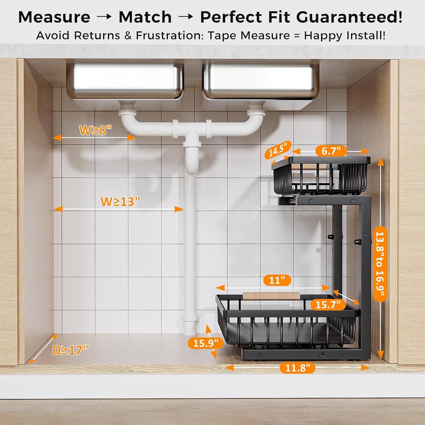 Skiennix Under Sink Organizer - 2 Tier Sliding Storage Solution | Height Adjustable, Anti-Rust, Black