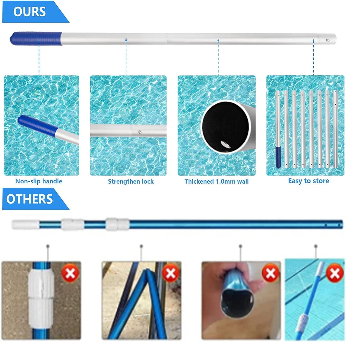 POOLWHALE Pool Skimmer Net - Durable Design with 10ft Adjustable Pole for Easy Cleaning