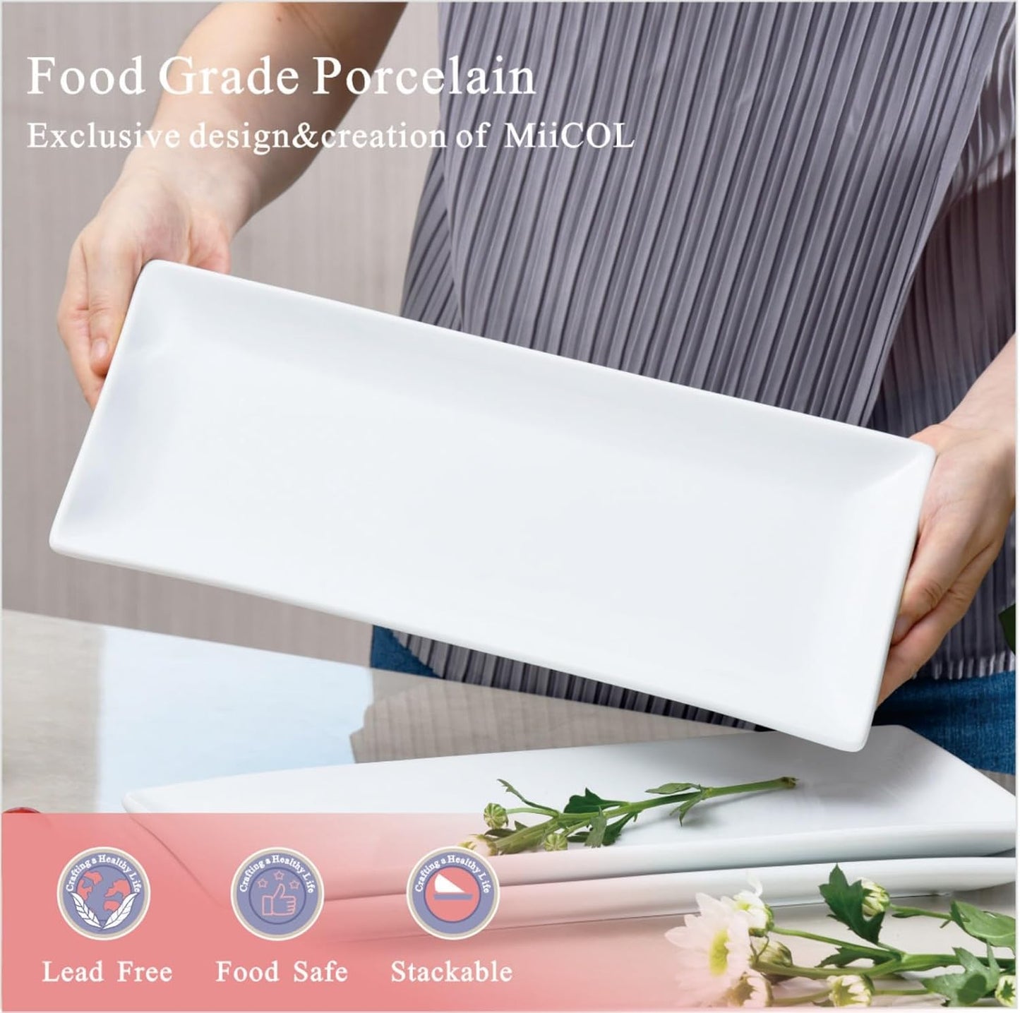 Miicol Porcelain Serving Platters - Set of 3 Large 14-Inch White Ceramic Trays for Parties & Buffets