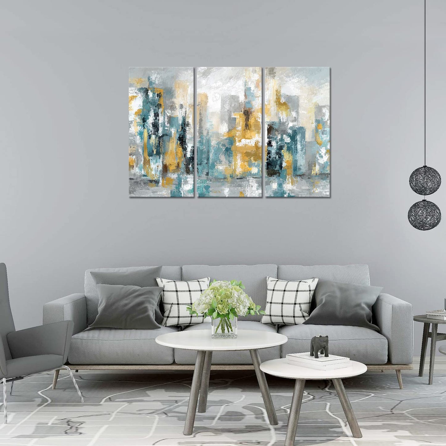 Teal Abstract Wall Art-Abstract Picture 3 Piece Yellow and Blue Canvas Print Wall Painting Decor Modern Artwork Canvas Wall Art for Living Room Home Office Decor