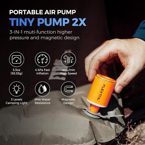 FLEXTAILGEAR Portable Air Pump - Rechargeable Inflatable Pump with Camping Lantern & Magnetic Design | 2X 4kPa