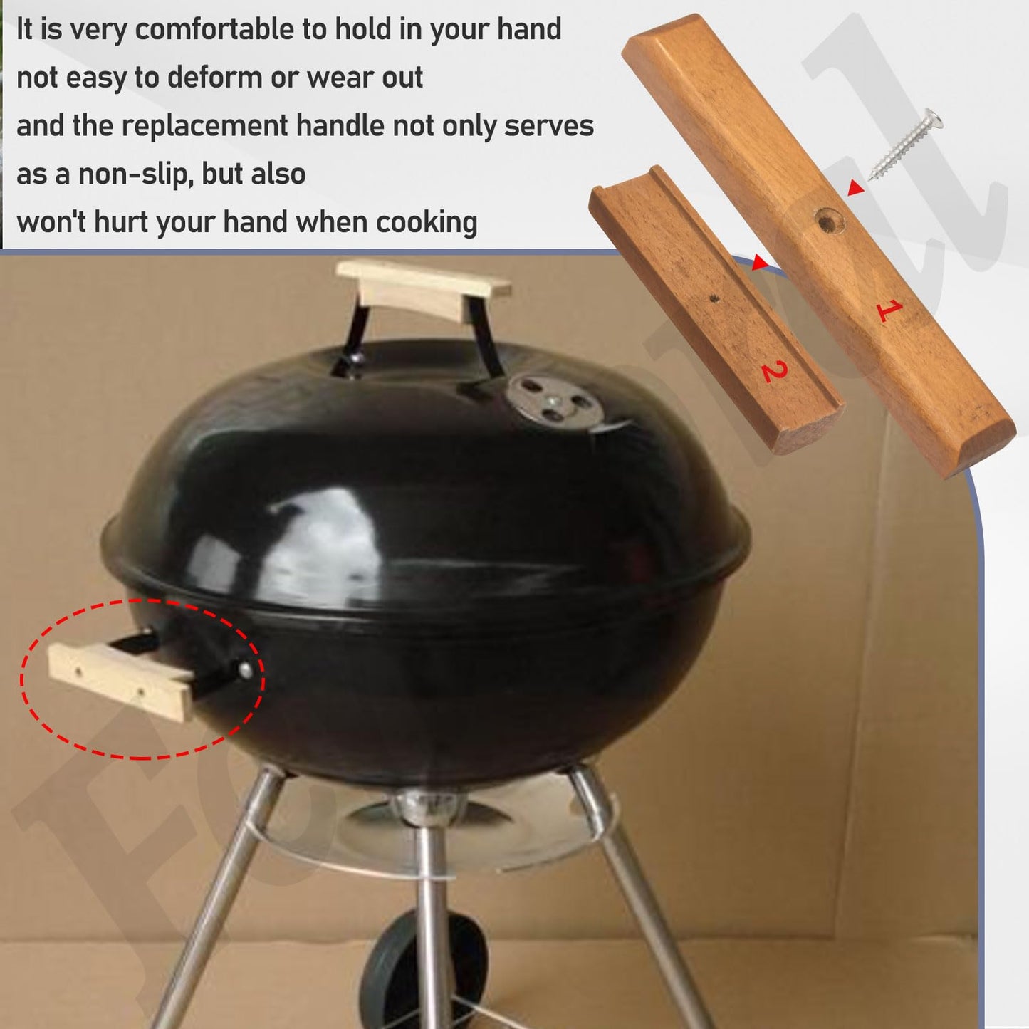 3Pack Cherry Wood Replacement Handle for 22.5" & 18.5" One Touch Grills Compatible with Weber Charcoal Grill Including Mounting Screws