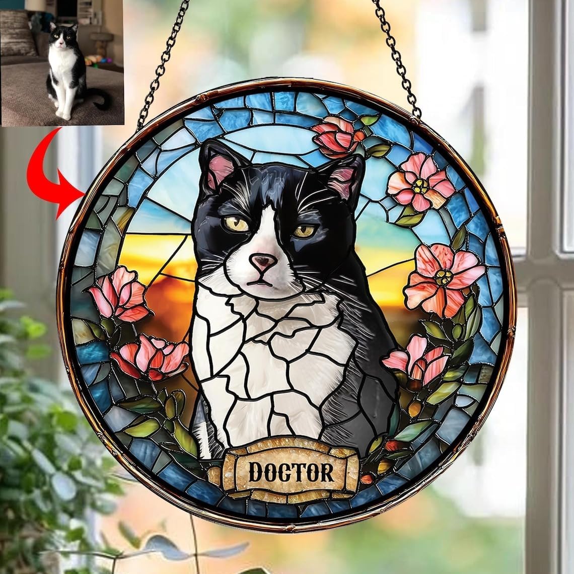 Skiennix Custom Dog Portrait Stained Glass Light Catcher - Personalized Pet Memorial Gift | Unique Sympathy Keepsake