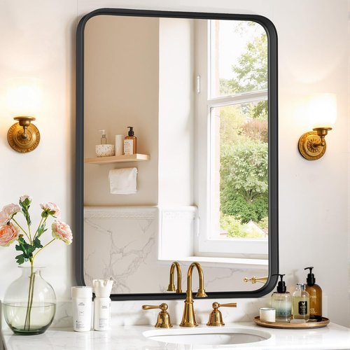 Black Metal Frame Bathroom Mirror by [Brand Name] - 36x24 Inch Modern Rectangle Design | Anti-Rust, Versatile Hanging