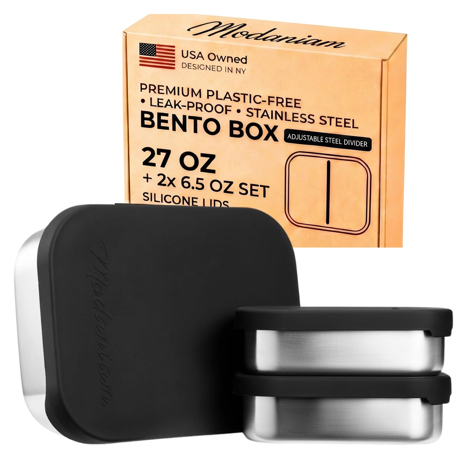 Modaniam 27 OZ Leak proof Stainless Steel Lunch Box containers, Stainless Steel Lunch Containers, Bento box, Metal Lunch Containers, Snacks container, Black, Small - 27 Oz+ 2 * 6.5Oz