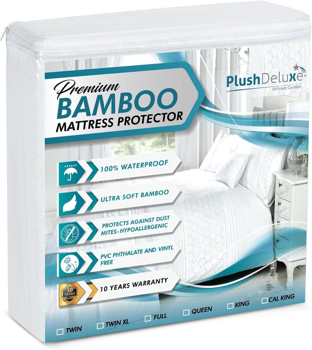PlushDeluxe Premium Bamboo Mattress Protector - Waterproof, Ultra Soft & Breathable Full Size Cover - White