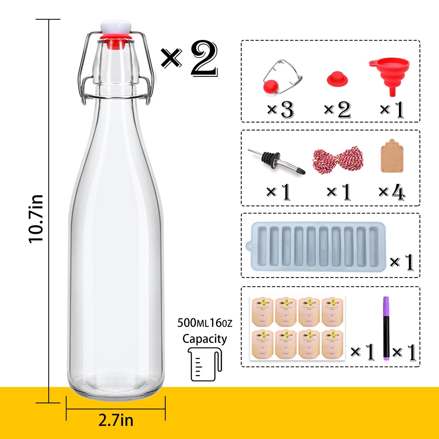 Swing Top Glass Bottles 2 Pack, 16oz/500ml Flip Top Glass Bottle,Beer Brewing Bottles with Airtight Lid for Kombucha, Mead Kefir, Vanilla Extract, Juice, Tea, Wine,DIY Containers
