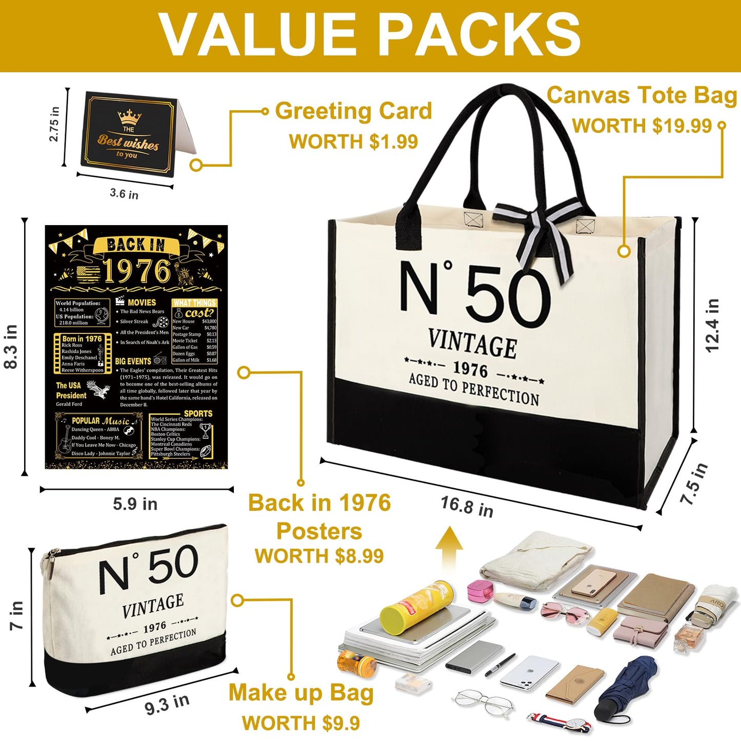YeohJoy 50th Birthday Gifts for Women Canvas Tote Bag Travel Gear, Unique 50 Years Old Gifts for Wife Sister Mom Aunt Friends Her, Vintage N°50 Beach Bag & Cosmetic Bag & Back in 1976 Poster