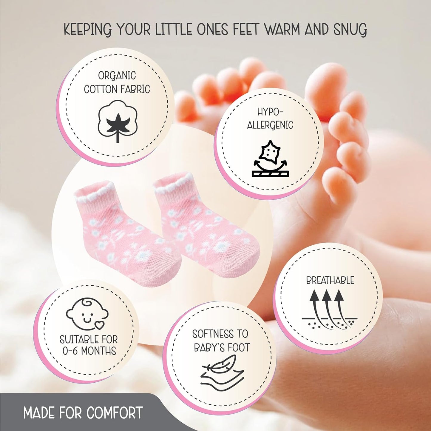 Organic Cotton Baby Socks - GOTS Certified Soft & Breathable | 6 Pairs for Newborn Girls 0-6 Months