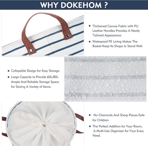 DOKEHOM 20-Inch Freestanding Laundry Basket - Collapsible Drawstring Hamper with Lid & Handle (Blue Stripe, L)