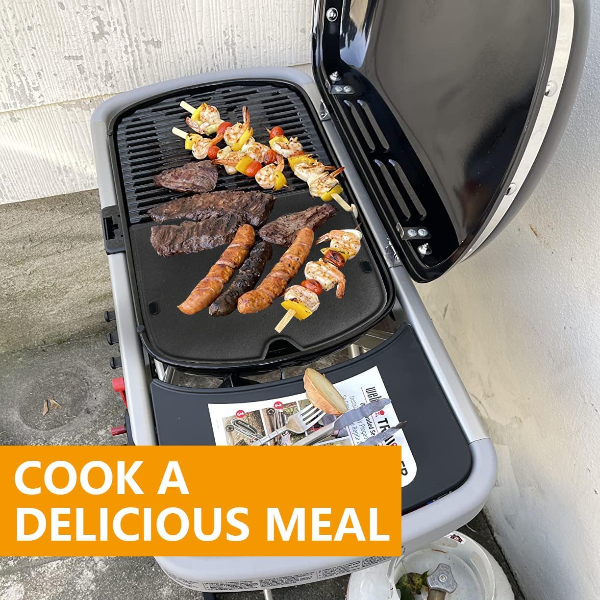 BBQ-PLUS Cast Iron Cooking Griddle for Weber Traveler Portable Gas Grill, Rectangular, Black, 12.5 x 13.4 inch