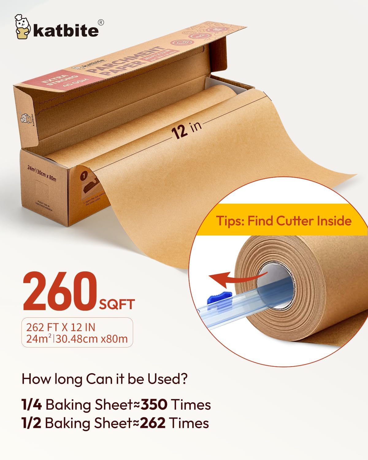 Skiennix Unbleached Parchment Paper Roll - Heavy Duty Non-Stick Baking Paper, 12in x 262ft