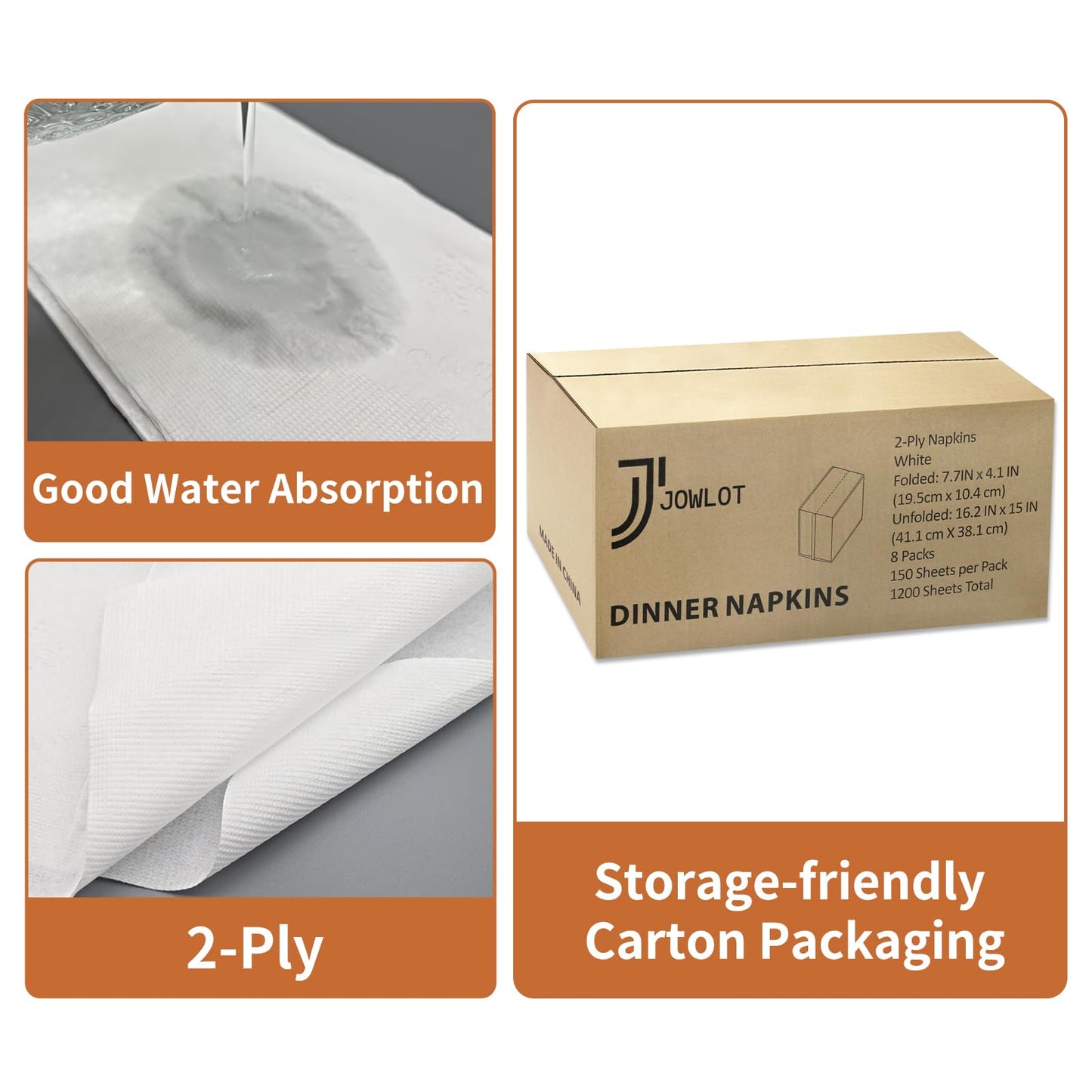 JOWLOT Disposable Napkins, 2-Ply 1200 Count Paper Dinner Napkins, White Napkins Bulk for Wedding Party Bathroom and Everyday Use (16.2" X 15")