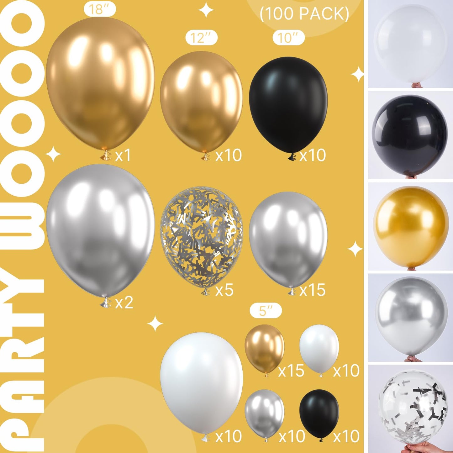 PartyWoo Black and Gold Balloon Garland, 100 pcs Balloons Different Sizes Pack of 18 Inch 12 Inch 10 Inch 5 Inch Gold Silver Black White Metallic Balloons for Birthday Decorations, Party Decorations