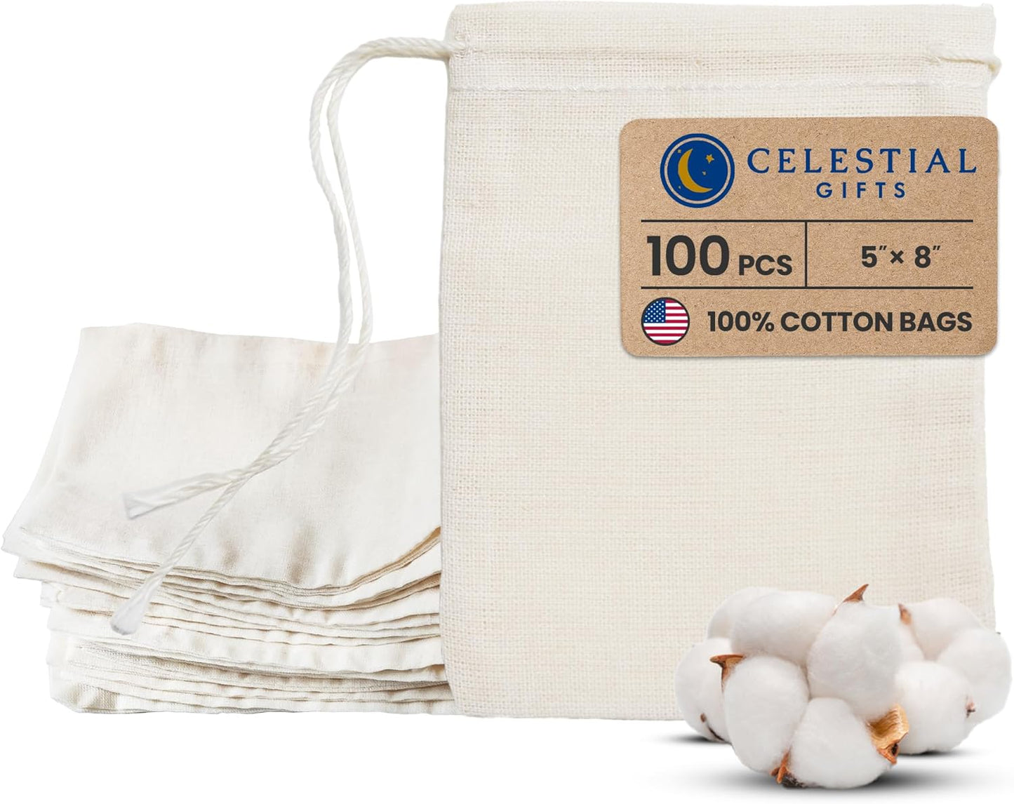 Celestial Gifts Muslin Bags 100pcs 5x7, 100% Cotton Drawstring Bags for Party Favors, Parts, Cowboy Coffe and More - Made in USA (Natural Hem & Drawstring)
