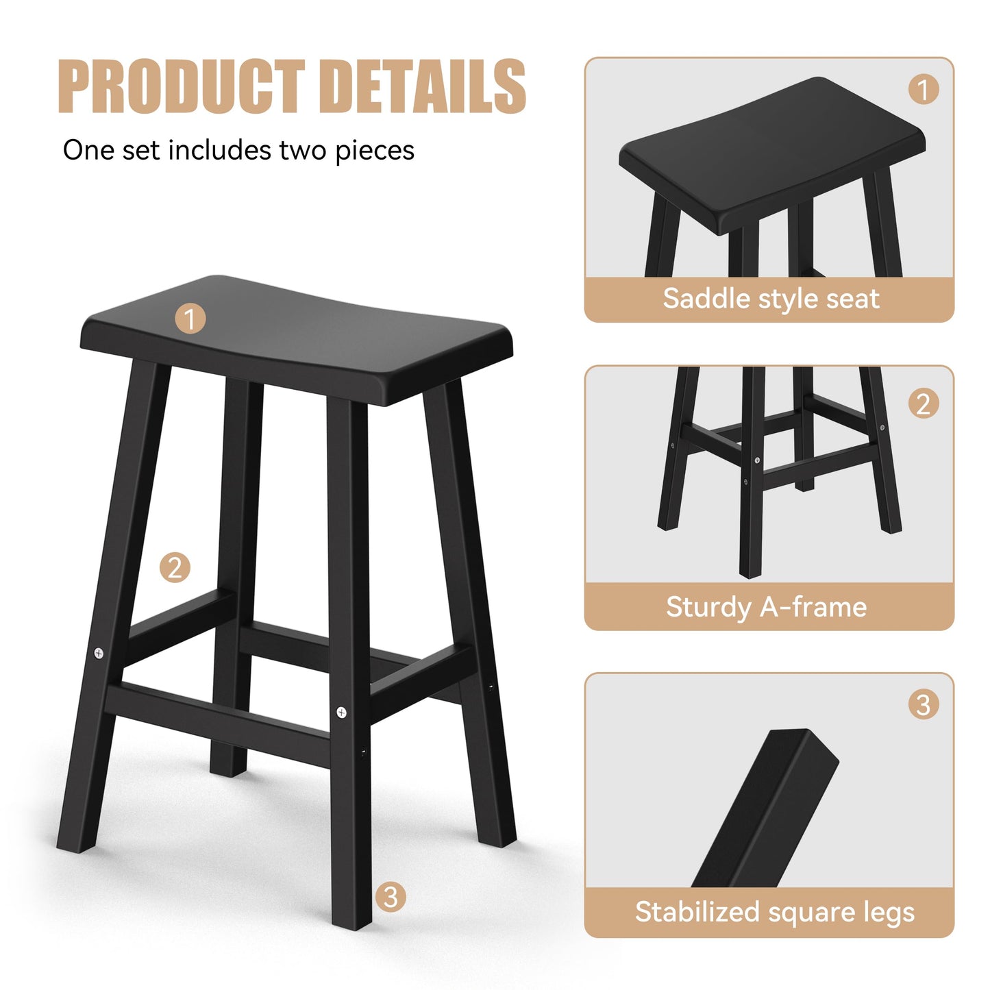 PatioZen Bar Stools Set of 2, Waterproof UV-Resistant,Durable Resin Kitchen Island Chairs for Indoor & Outdoor Use, Modern Design for Home,Bar,and Cafe (24'' Black-2)