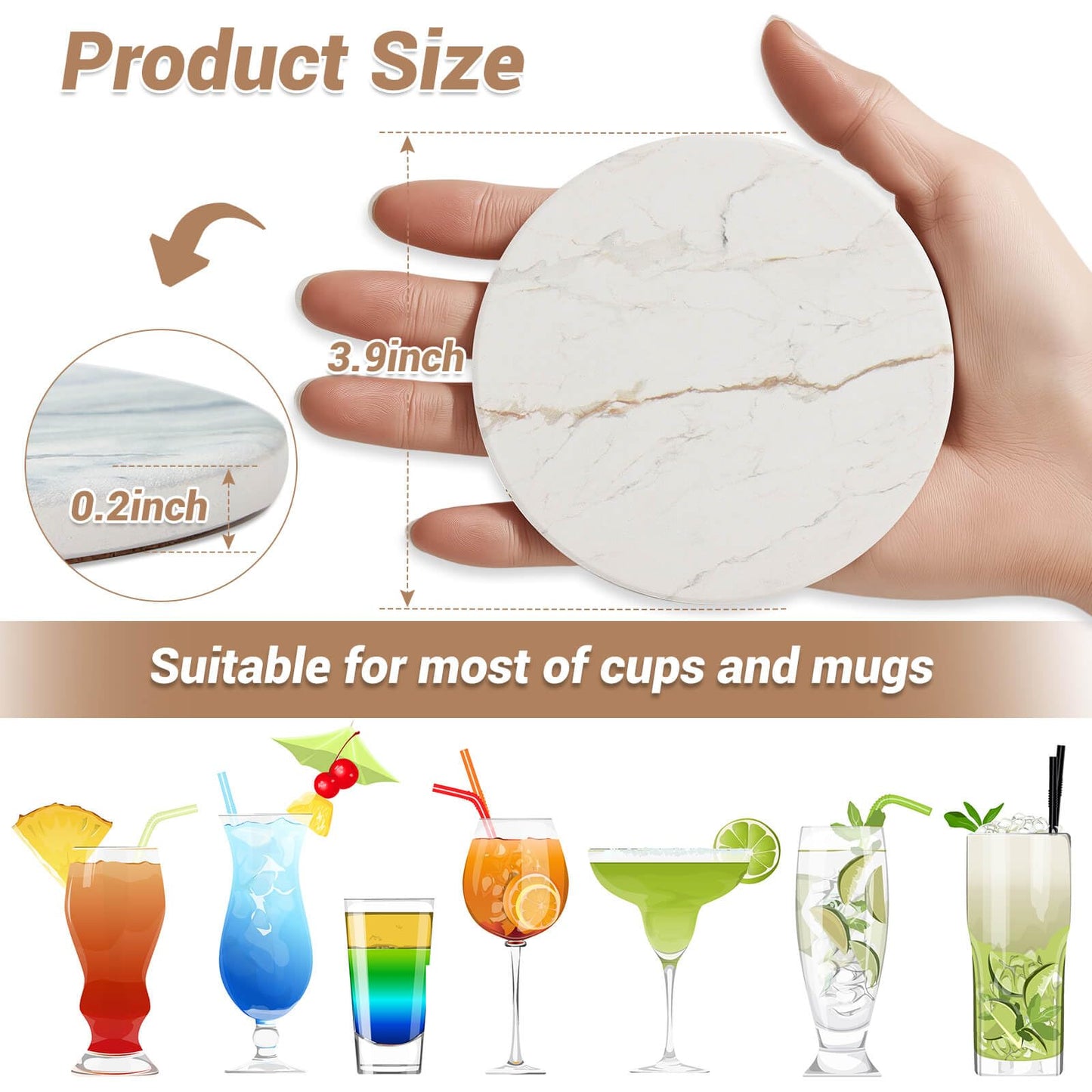 Acejoz Drink Coasters with Holder for Coffee Table, Absorbent Coasters Set of 6, Marble Style Ceramic Coaster for Wooden Table, Suitable for Kinds of Cups, Home Decor, 4 Inches(White)