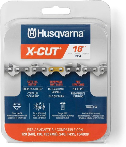 Husqvarna X-Cut S93G Chainsaw Chain - 16 Inch, 3/8" Mini Pitch, Low Kickback, Pre-Stretched, Gray