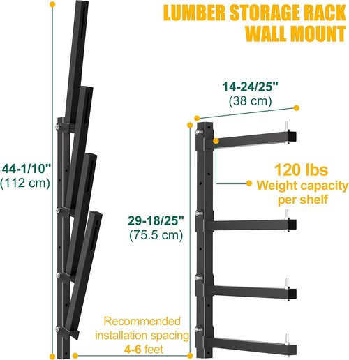 Heavy-Duty Lumber Storage Rack by [Brand Name] - Wall-Mounted Folding Wood Racks | 4-Level, Black, 4-Pack