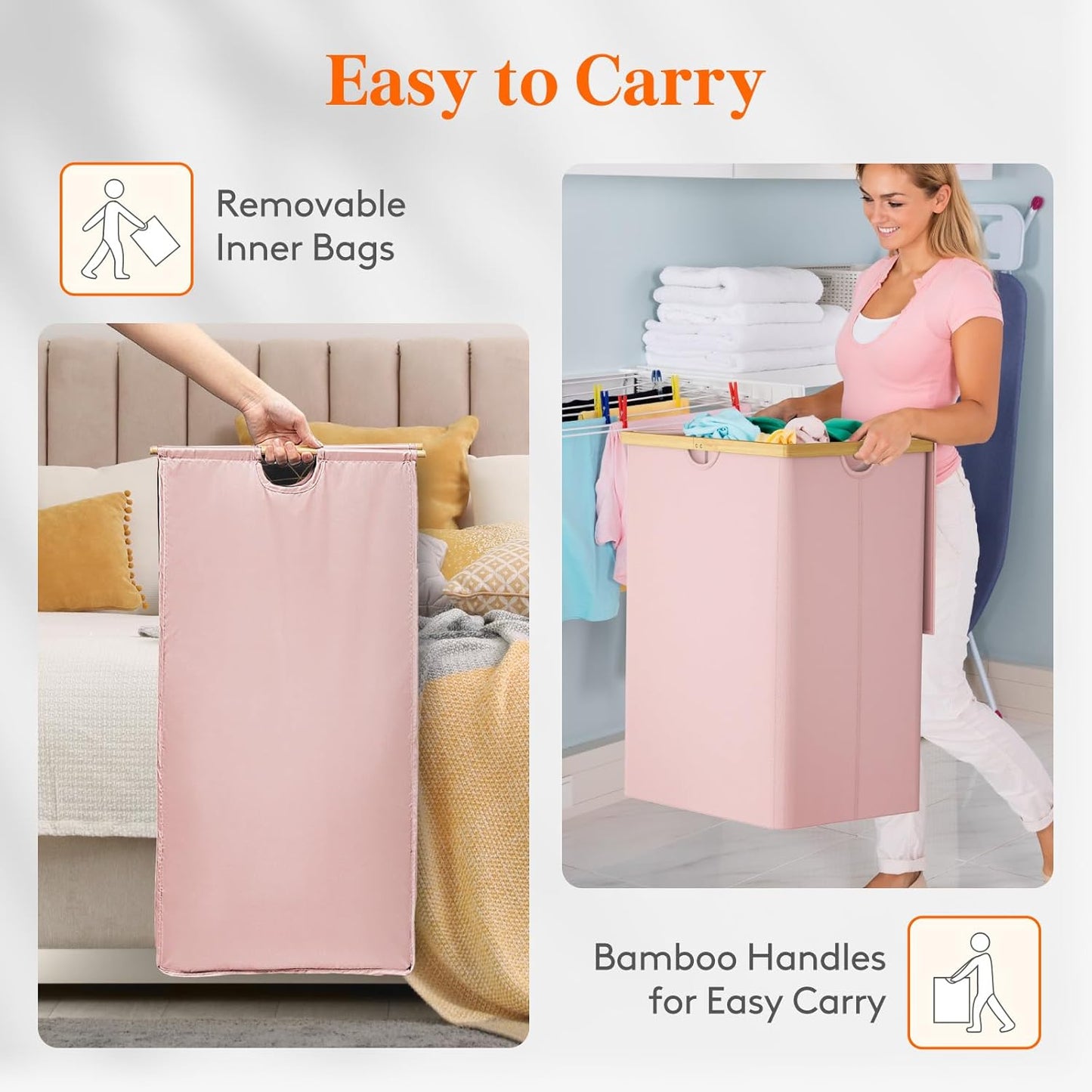 Lifewit 160L Double Laundry Hamper - Extra Large Bamboo Basket with Lid & Removable Liners | Pink