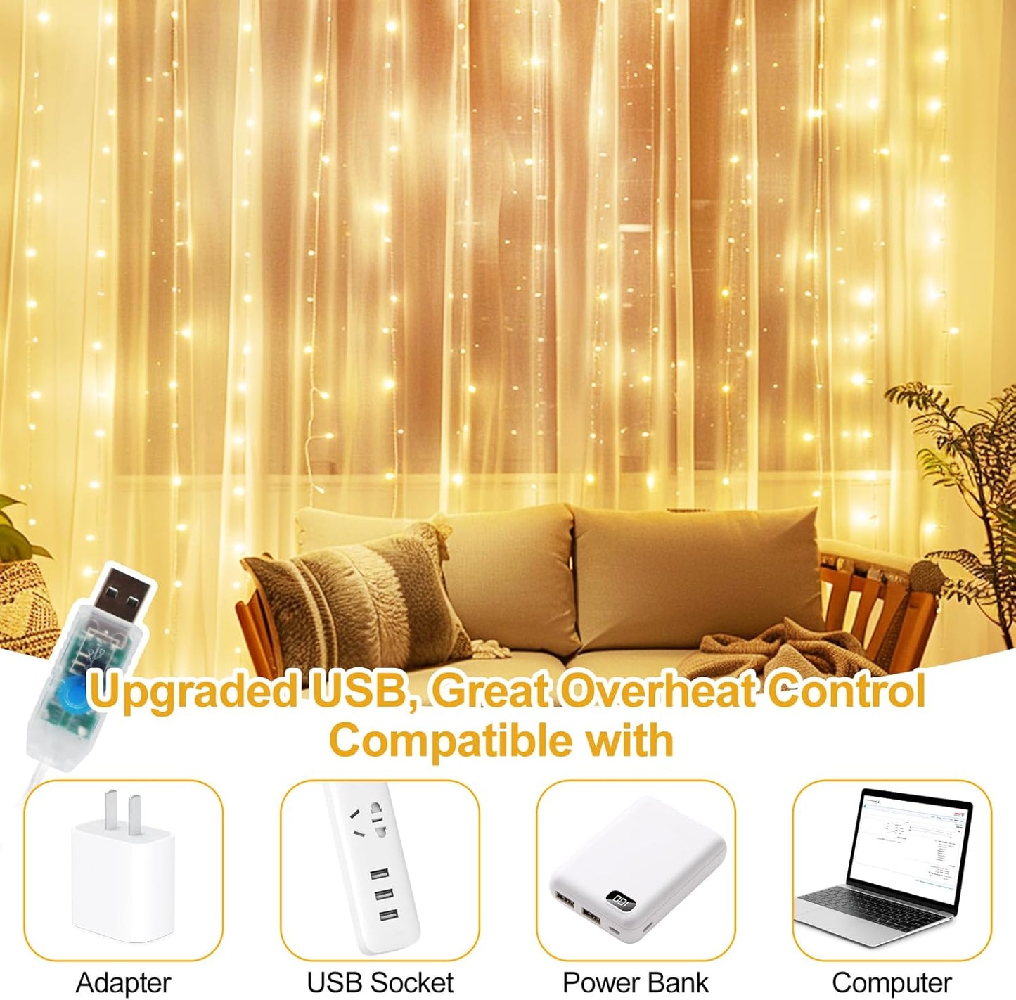 Skiennix 200 LED Fairy Curtain Lights - 6.6 x 6.6 FT Warm White with Remote & 8 Modes for Indoor/Outdoor Decor
