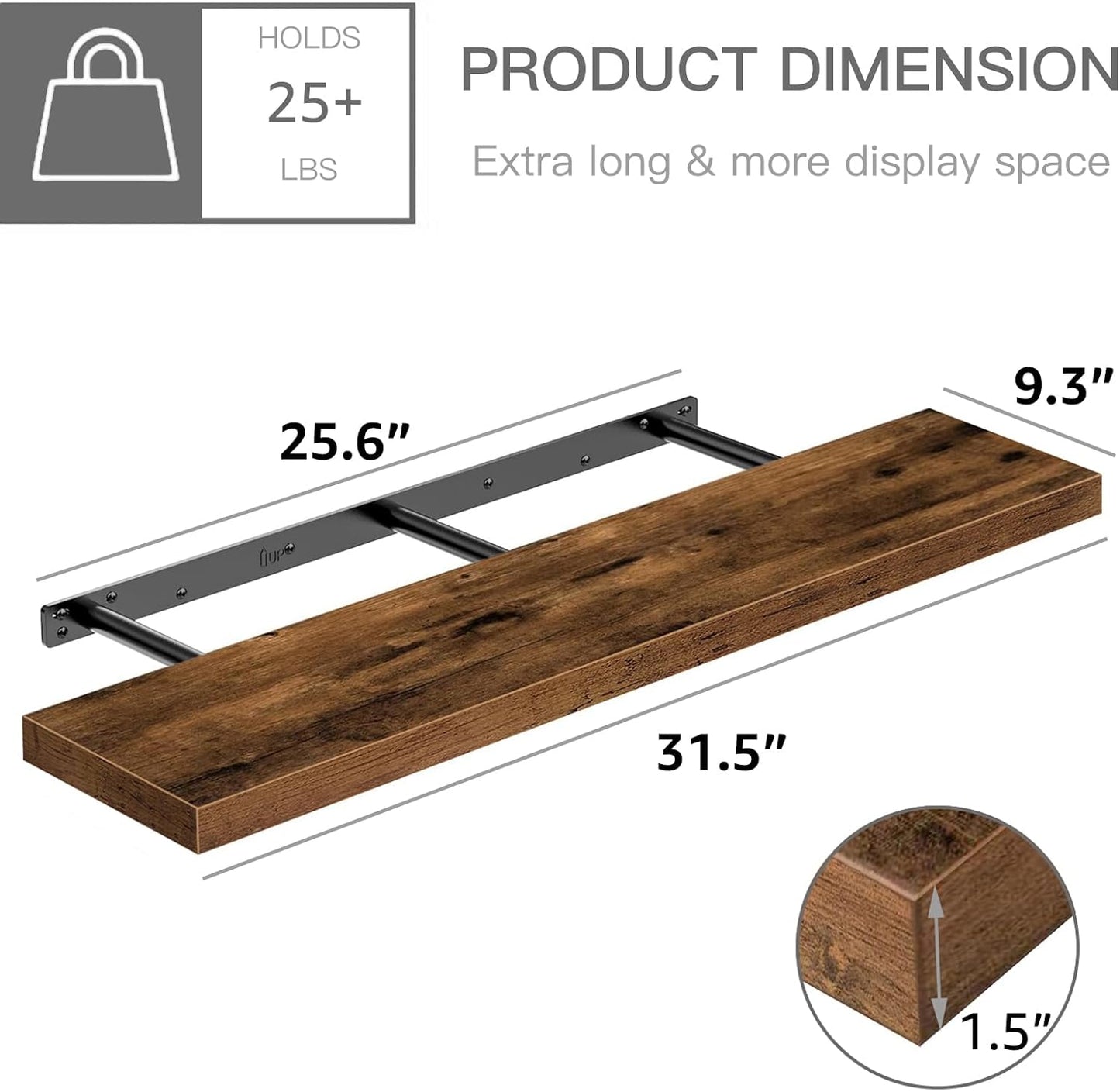 QEEIG Floating Shelves - Rustic Brown Wall-Mounted Shelf Set of 2 | 31.5" Long for Home Decor & Display