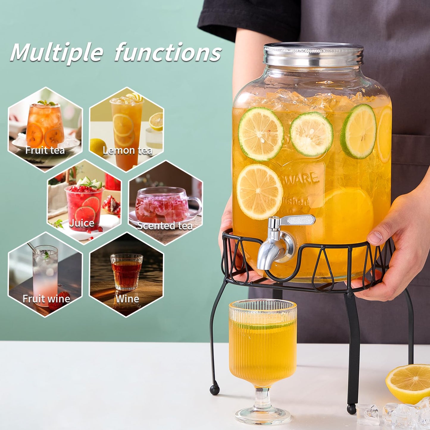 1 Gallon Glass Beverage Dispenser with Stand, Stainless Steel Spigot and Lid, Glass Drink Dispensers for Parties, Drink Dispensers with Lids for Lemonade Sun Tea Mason Jar