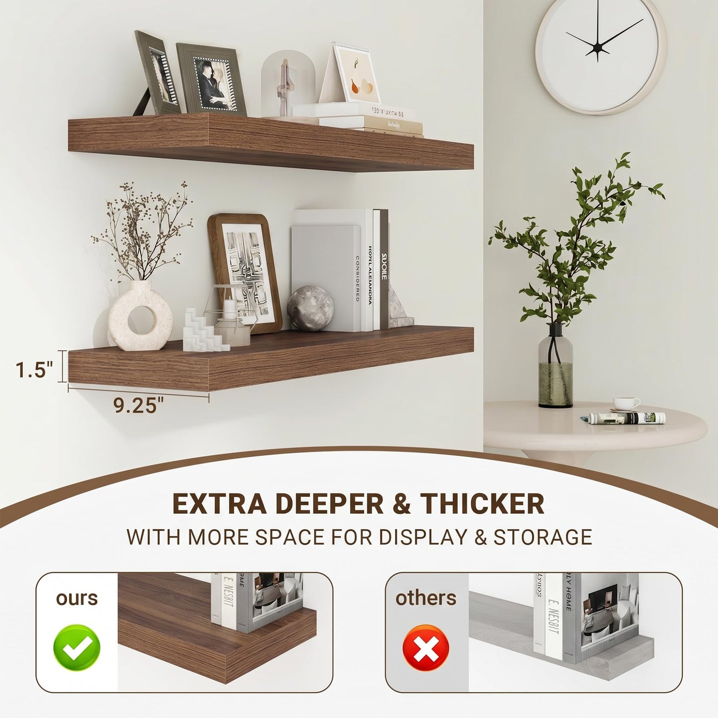 Acovy 24 Inch Floating Shelves, 24"x9.25"x1.5" Inch Deep Floating Shelves for Wall, Wooden Shelves for Bathroom, Bedroom, Living Room, Walnut, 2 Pieces