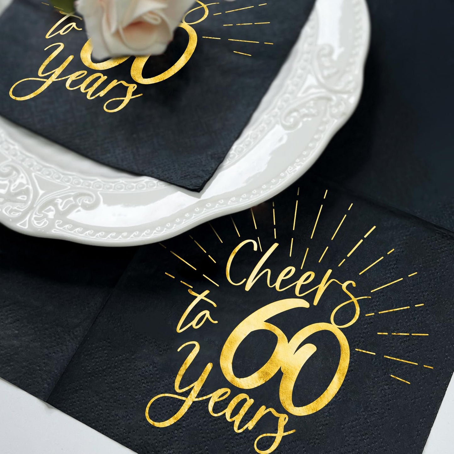 WRAPAHOLIC 50Pcs 60th Birthday Napkins - 3-Ply Disposable Paper Cocktail Napkin, Black and Gold Foil Cheers to 60 Years - 5 x 5 In