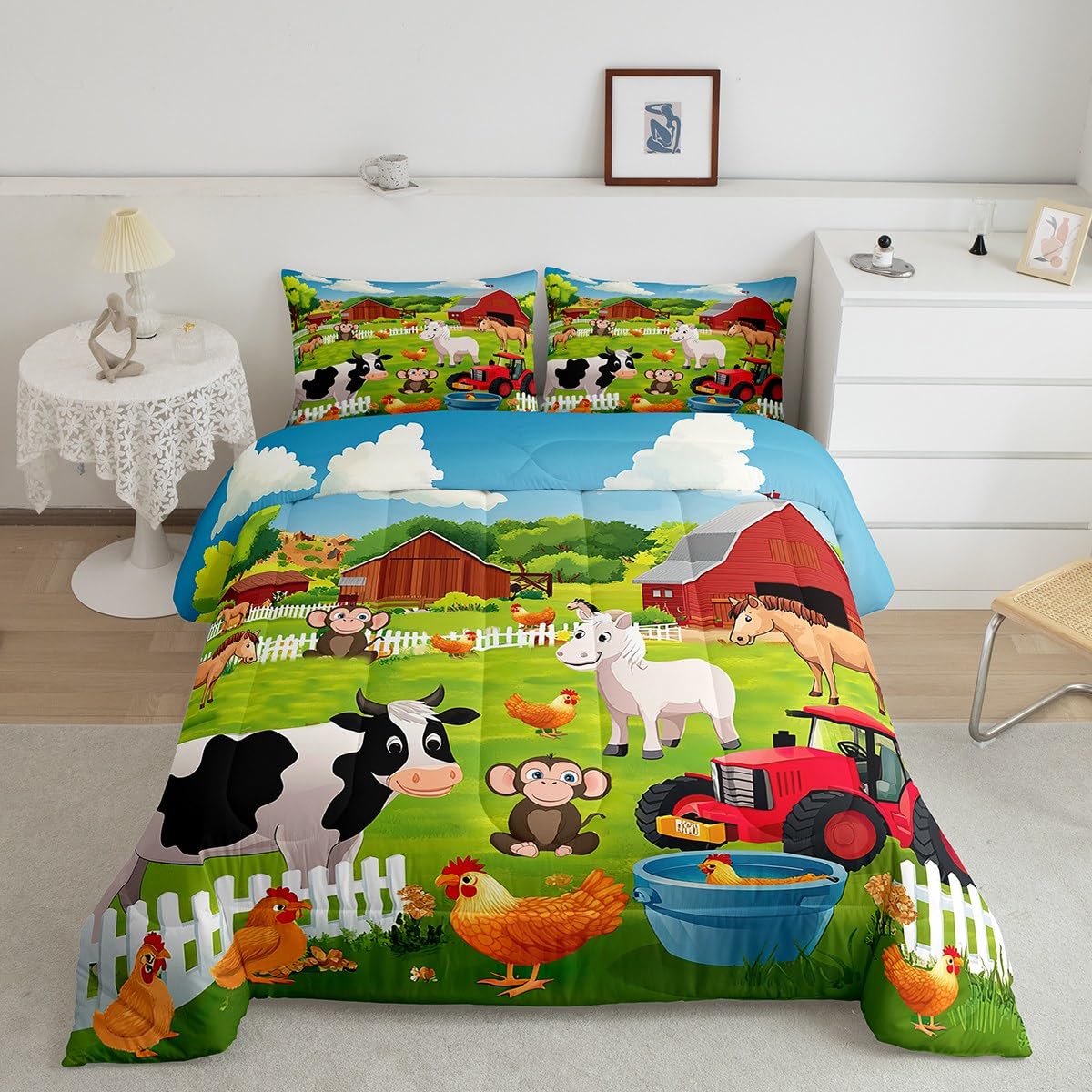 Feelyou Kids Bedding Set Cartoon Farmhouse Comforter Set Cute Farm Animal Boys Girls Toddler Comforter Cover Country Style Comforter with 1 Pillowcase Twin Size