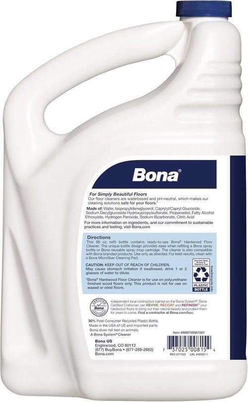 Bona Hardwood Floor Cleaner Refill - 96 Fl Oz - Unscented Residue-Free Solution for Wood Floors