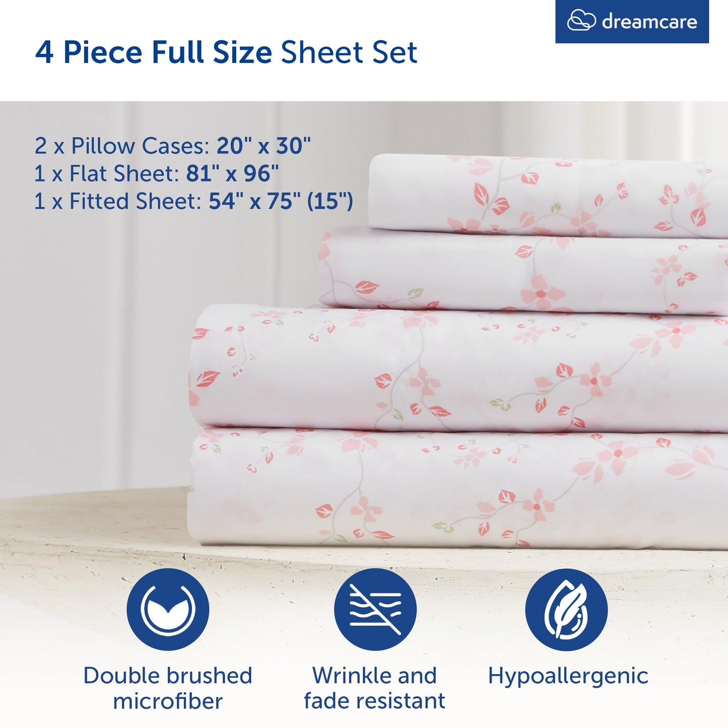 DREAMCARE Full Size Sheets - Cooling Sheets - 4pcs Set - up to 15" Deep Pocket Full Sheet Set - Sheets Full Size Bed - Soft & Long Lasting 100% Fine Brushed Polyester with Side Pocket Floral Blossom